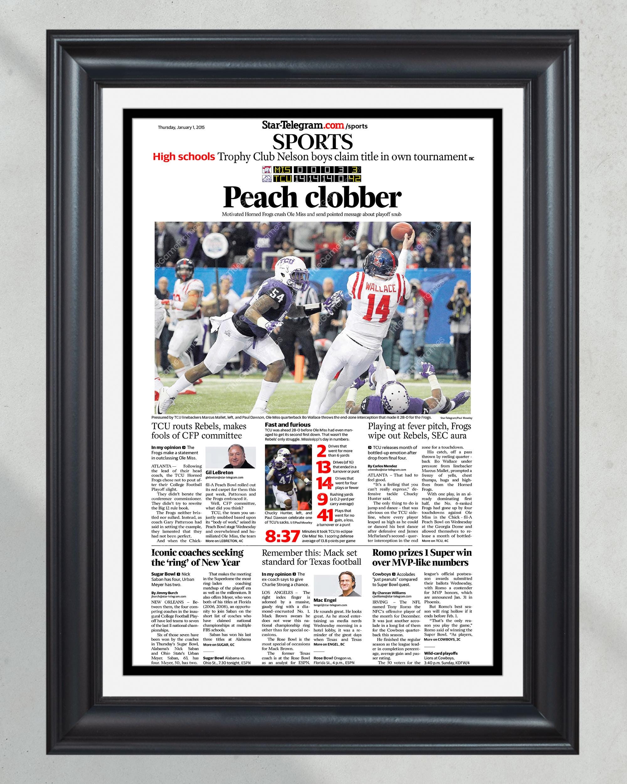 2014 Peach Bowl TCU Defeats Ole Miss 'Peach Clobber' Framed Front Page Newspaper PT60591