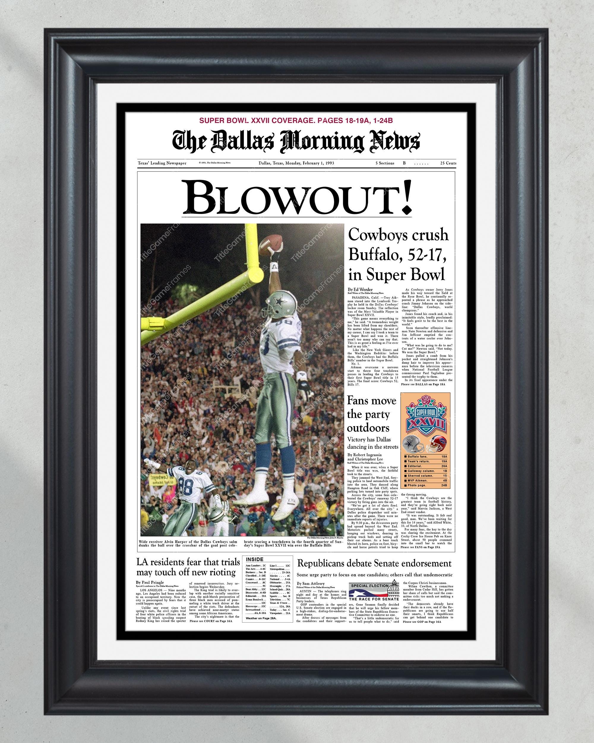 1993 Dallas Cowboys Super Bowl Champions Framed Front Page Newspaper Print PT60692