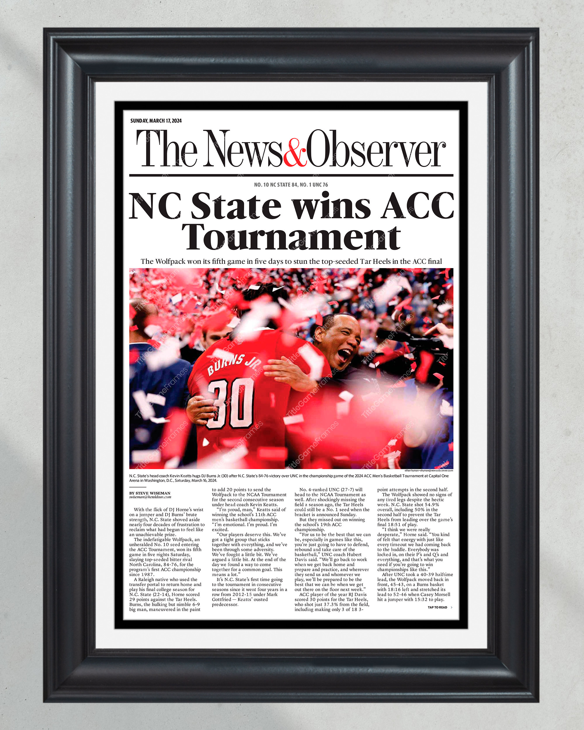 2024 NC State Wolfpack ACC Champions: Victory Over UNC Framed Newspaper PT60406