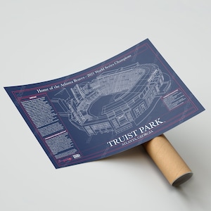 Mockup of Rolled Truist Park Blueprint in Navy Blue Inside a Presentation Tube.