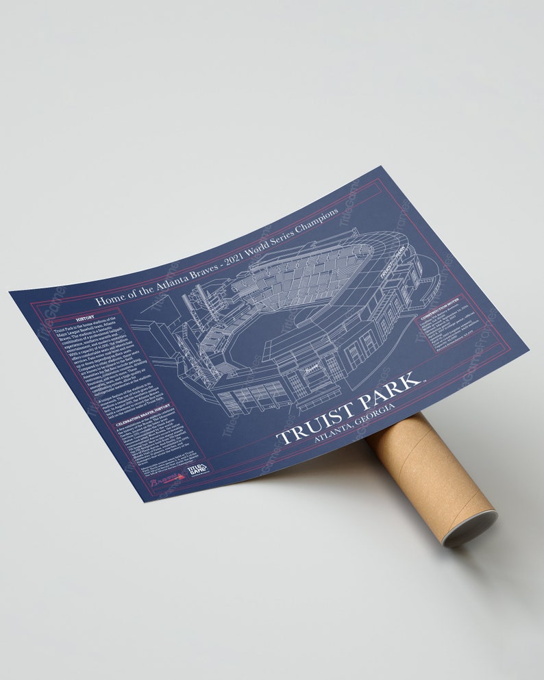 Mockup of Rolled Truist Park Blueprint in Navy Blue Inside a Presentation Tube.