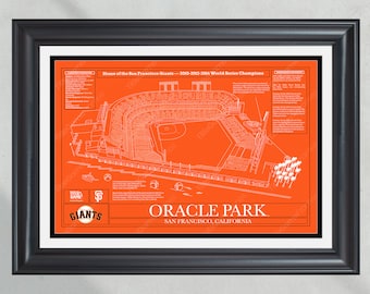 May include: A white line drawing of Oracle Park, home of the San Francisco Giants, on an orange background. The drawing shows the baseball field, the stands, and the surrounding area. The text "Home of the San Francisco Giants - 2010-2012-2014 World Series Champions" and "Oracle Park, San Francisco, California" is included in the image.