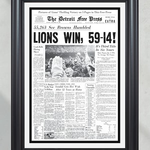 1957 Detroit Lions&#39; Historic Championship Win: &#39;LIONS WIN, 59-14!&#39; - Framed Newspaper Print
