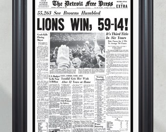 Vittoria storica del campionato dei Detroit Lions del 1957: "I LIONS VINCONO, 59-14!" - Stampa di giornale incorniciata