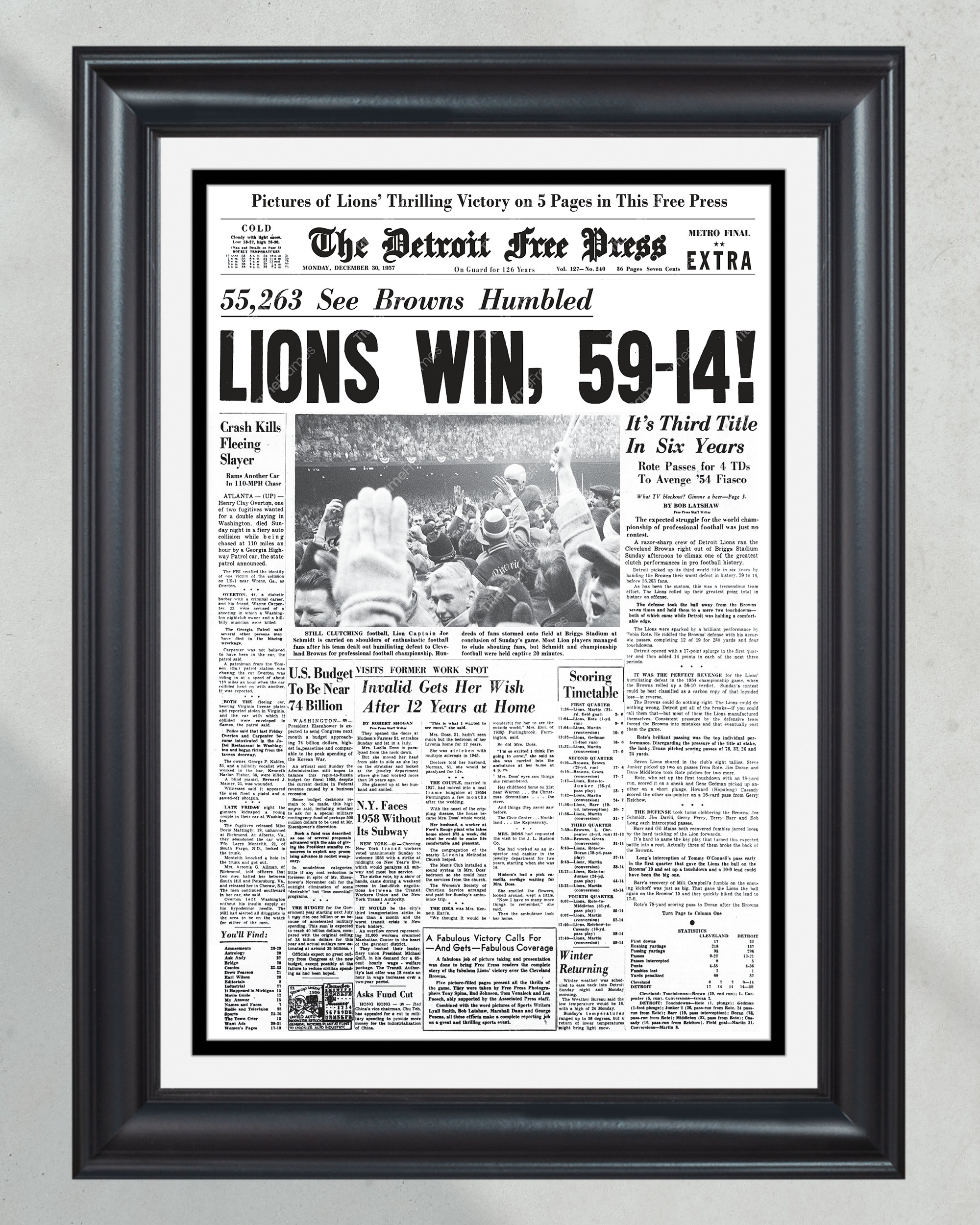 1957 Detroit Lions' Historic Championship Win: 'LIONS WIN, 59-14!' - Framed Newspaper Print PT60336