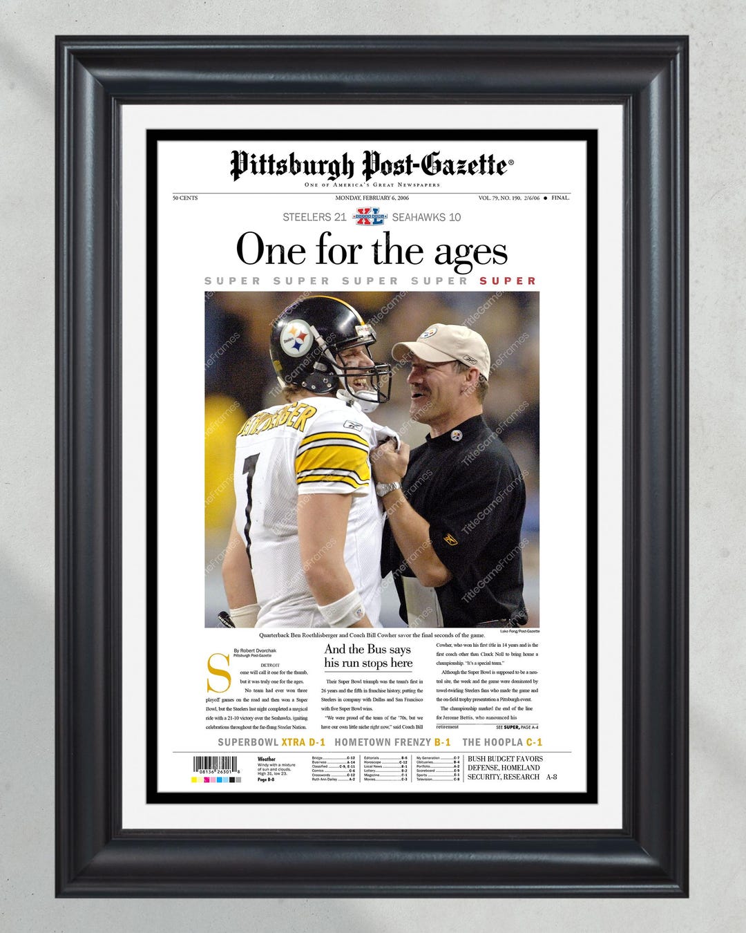 2006 Pittsburgh Steelers Superbowl XL Newspaper Cover Print One