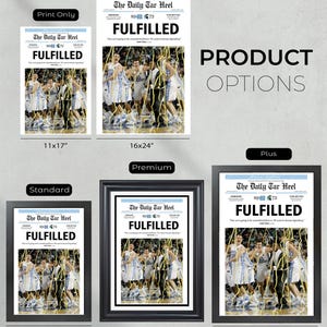 May include: A framed print of a newspaper article from The Daily Tar Heel, featuring a photo of a basketball team celebrating a victory. The headline reads "FULFILLED" and the article is dated 89/72. The print is available in various sizes, including 11x17 inches, 13x19 inches, 16x24 inches, 17x23 inches, and 18x26 inches.