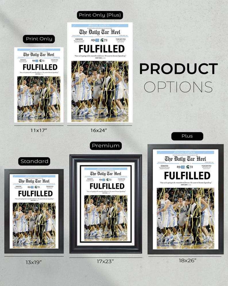 May include: A framed print of a newspaper article from The Daily Tar Heel, featuring a photo of a basketball team celebrating a victory. The headline reads "FULFILLED" and the article is dated 89/72. The print is available in various sizes, including 11x17 inches, 13x19 inches, 16x24 inches, 17x23 inches, and 18x26 inches.