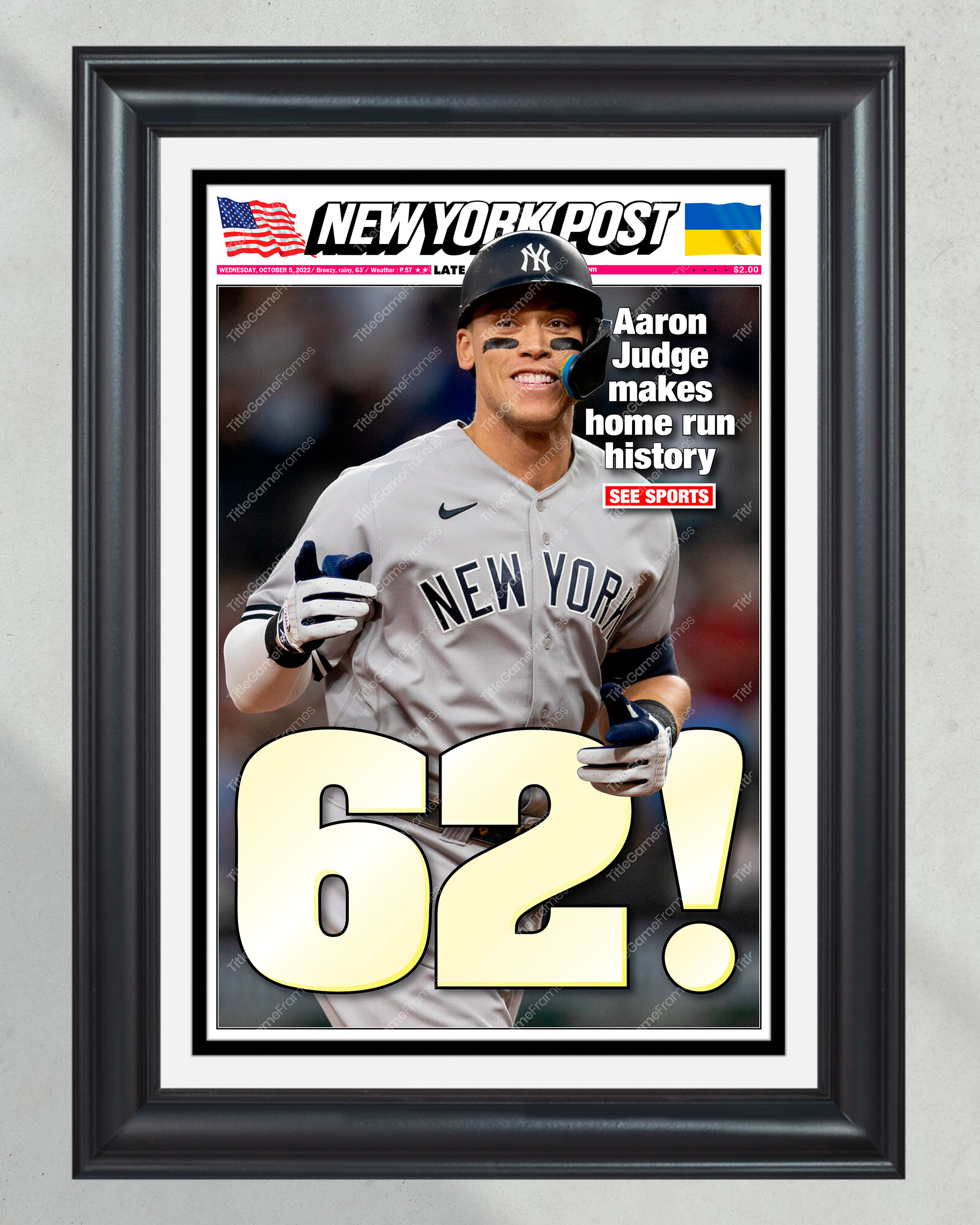 Aaron Judge "62" Record Home Run Framed Front Page Newspaper PT60363