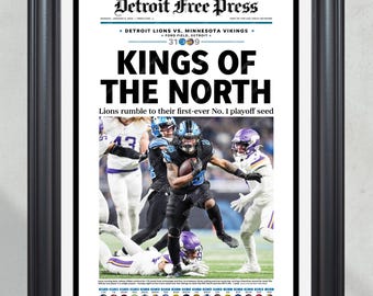 Vittoria storica dei Detroit Lions al primo posto nella NFC del 2025 "Kings of the North" Giornale incorniciato