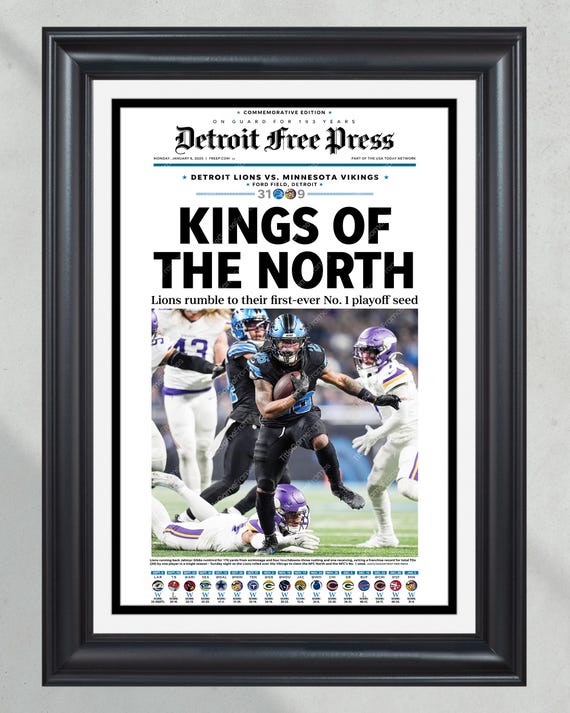 2025 Detroit Lions' Historic NFC No. 1 Seed Victory "Kings of the North" Framed Newspaper