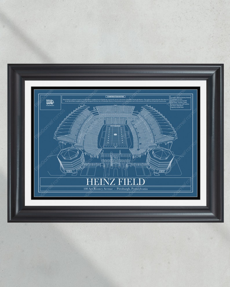 May include: A blueprint style illustration of Heinz Field, a football stadium in Pittsburgh, Pennsylvania. The illustration shows the stadium's exterior and interior, including the playing field and seating areas. The text "HEINZ FIELD" and "100 Art Rooney Avenue - Pittsburgh, Pennsylvania" is included in the illustration.