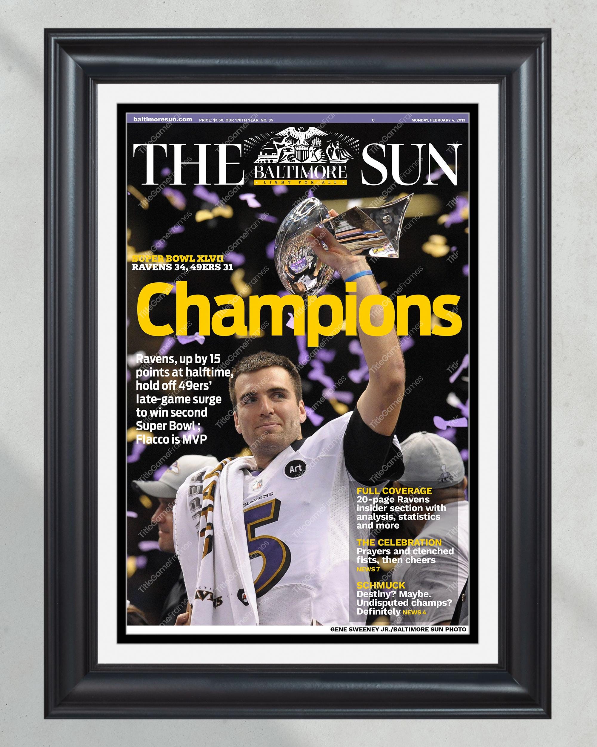 2013 Baltimore Ravens Super Bowl Champions Framed Front Page Newspaper Print Joe Flacco PT60532