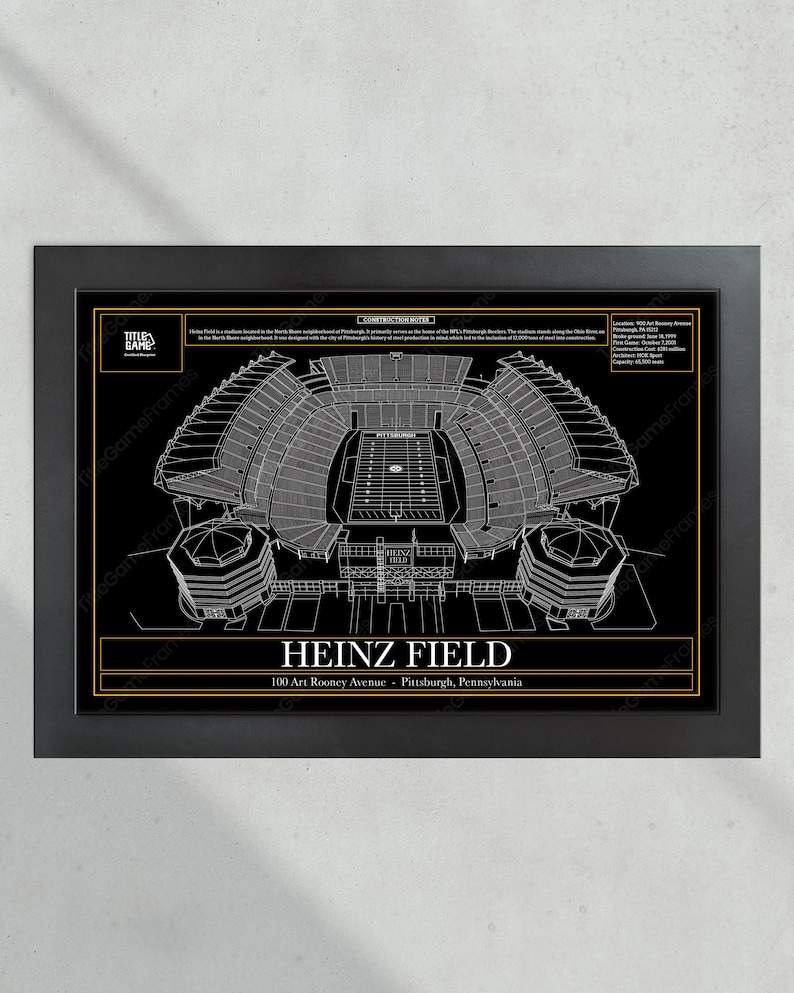 May include: A black and white architectural drawing of Heinz Field, a football stadium in Pittsburgh, Pennsylvania. The drawing shows the stadium's layout, including the field, seating areas, and surrounding buildings. The text "HEINZ FIELD" and "100 Art Rooney Avenue - Pittsburgh, Pennsylvania" is printed below the drawing.