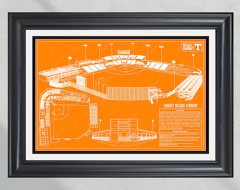 May include: A white line drawing of Lindsey Nelson Stadium, home of the University of Tennessee Volunteers baseball team, on an orange background. The drawing shows the stadium's layout, including the seating areas, field, and surrounding buildings. The text "TITLE GAME" and "T" are in the upper right corner of the drawing. The text "Lindsey Nelson Stadium" is in the lower right corner of the drawing.