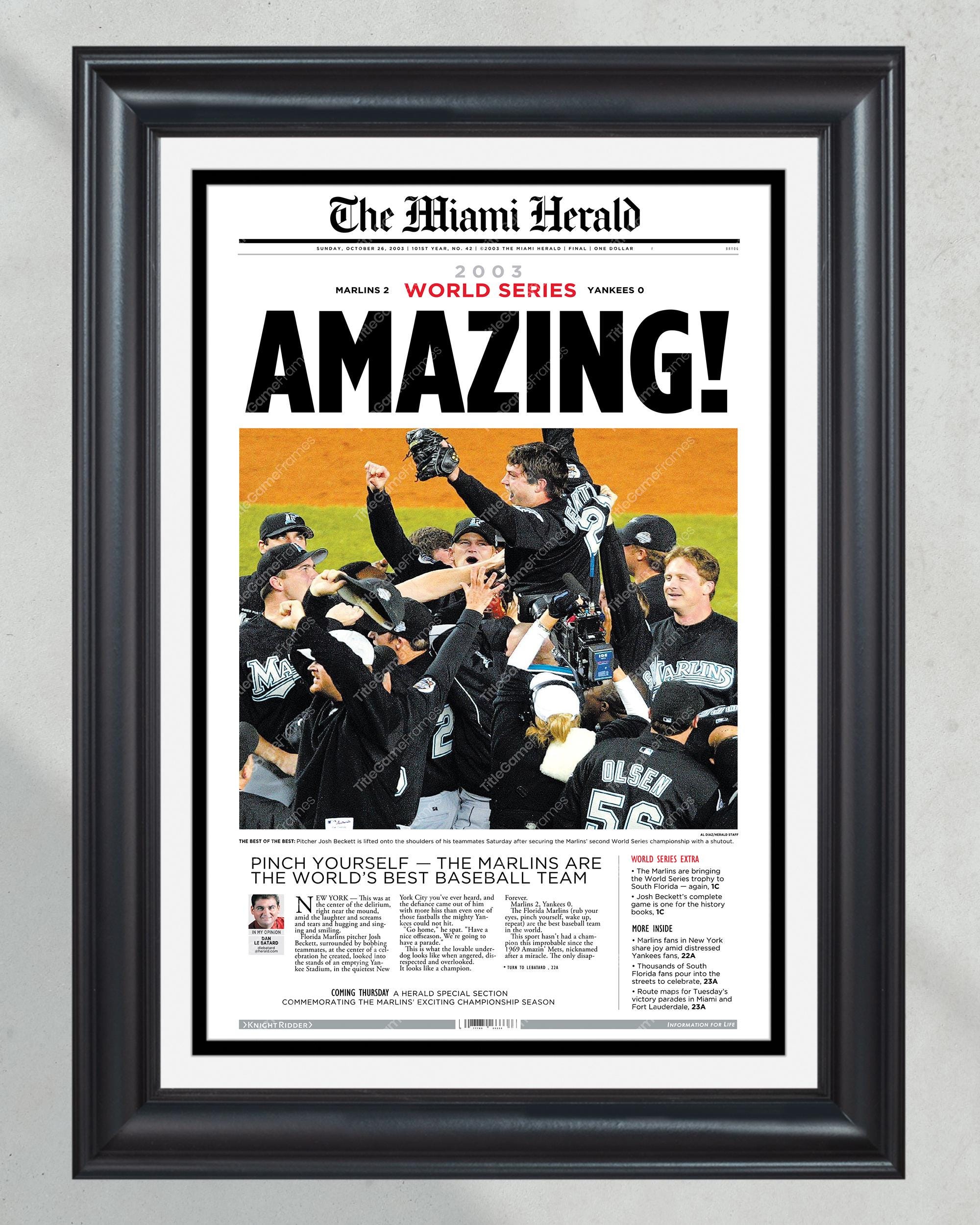 2003 Florida Miami Marlins World Series Champion Framed Front Page Newspaper Josh Beckett PT60569