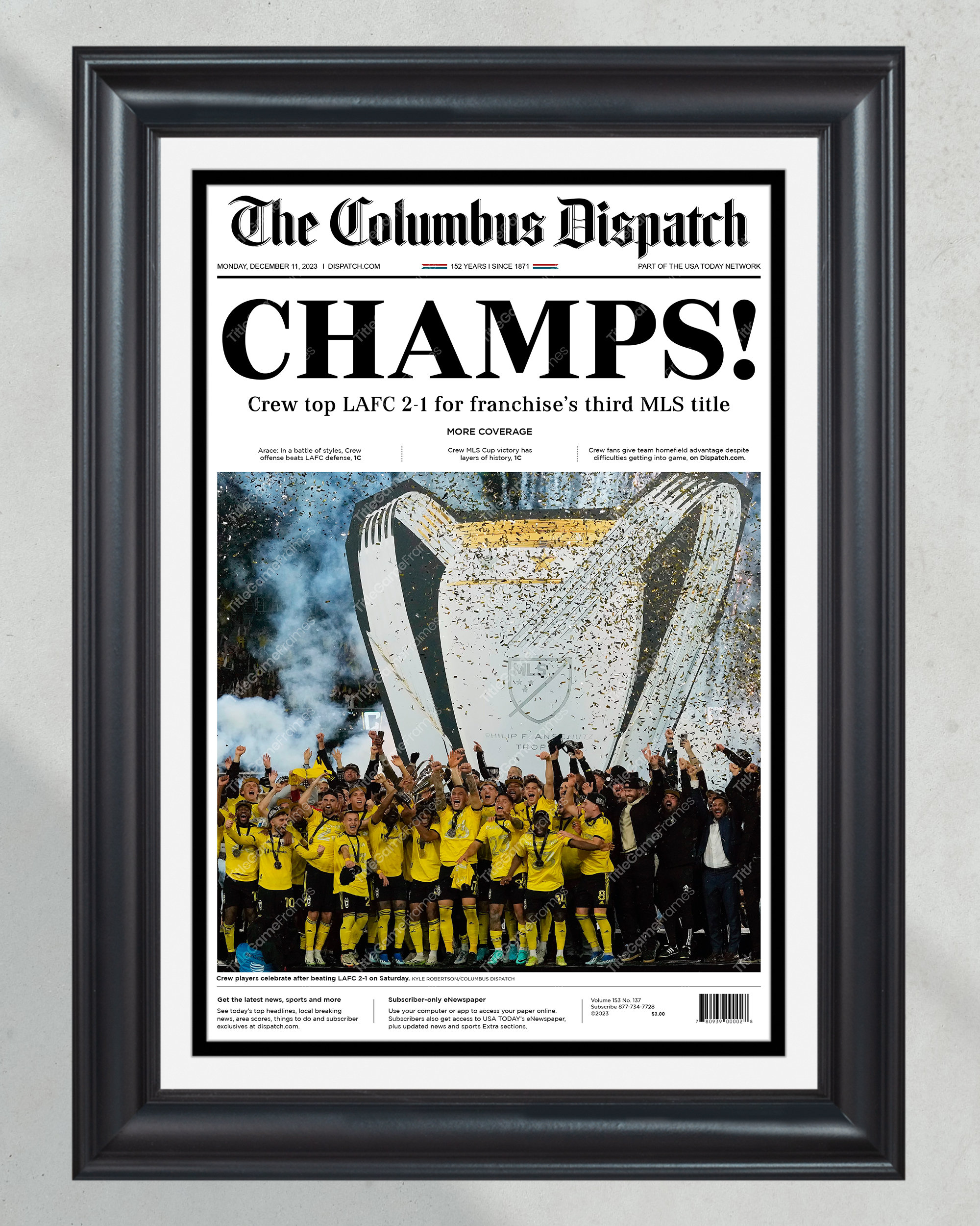 2023 Columbus Crew MLS Cup Champions - 'CHAMPS!' - Framed Newspaper Print PT61005