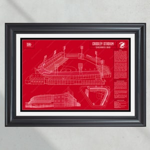 May include: A red and white blueprint style illustration of Crosley Field, a former baseball stadium in Cincinnati, Ohio. The illustration includes a detailed view of the stadium's exterior and interior, as well as a text description of the stadium's history.