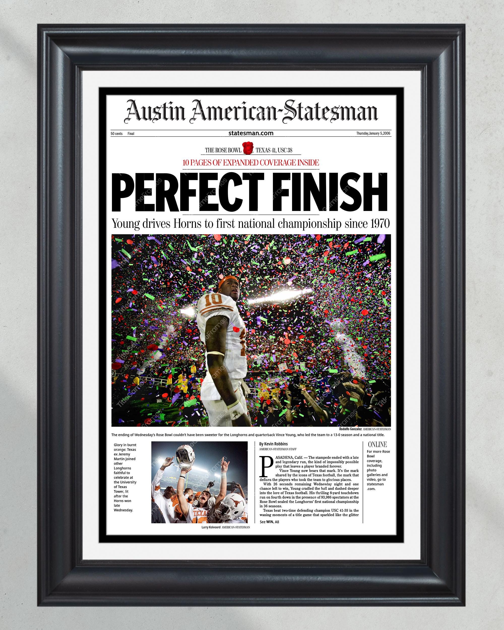 2005 Texas Longhorns 'Perfect Finish' Rose Bowl Victory Framed Newspaper PT60696