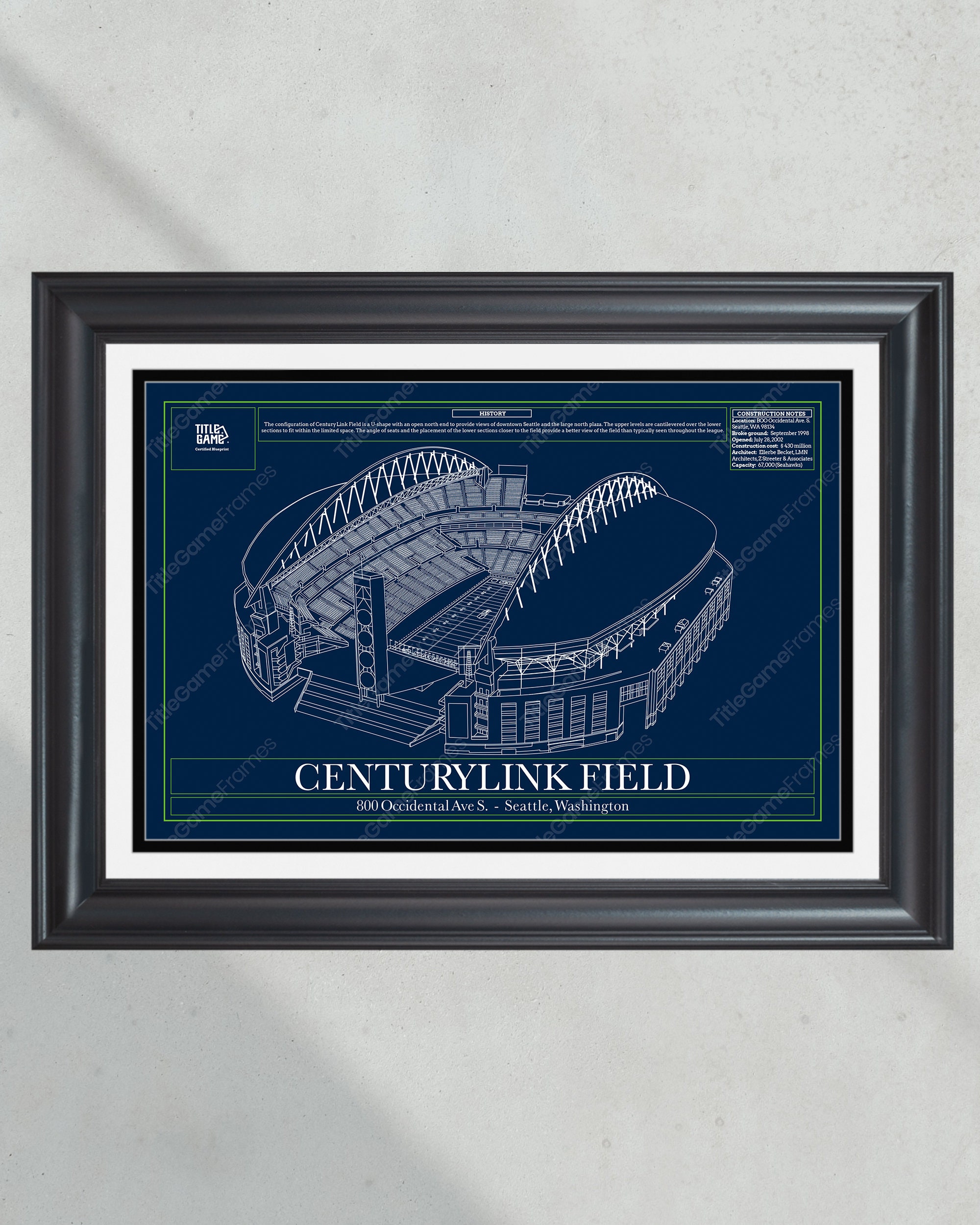 Seattle Seahawks Lumen Field Stadium Blueprint Football Print PT60207