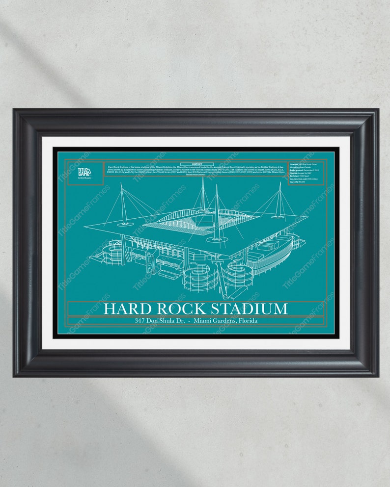 Miami Dolphins Hard Rock Stadium Blueprint Football Print Team Theme