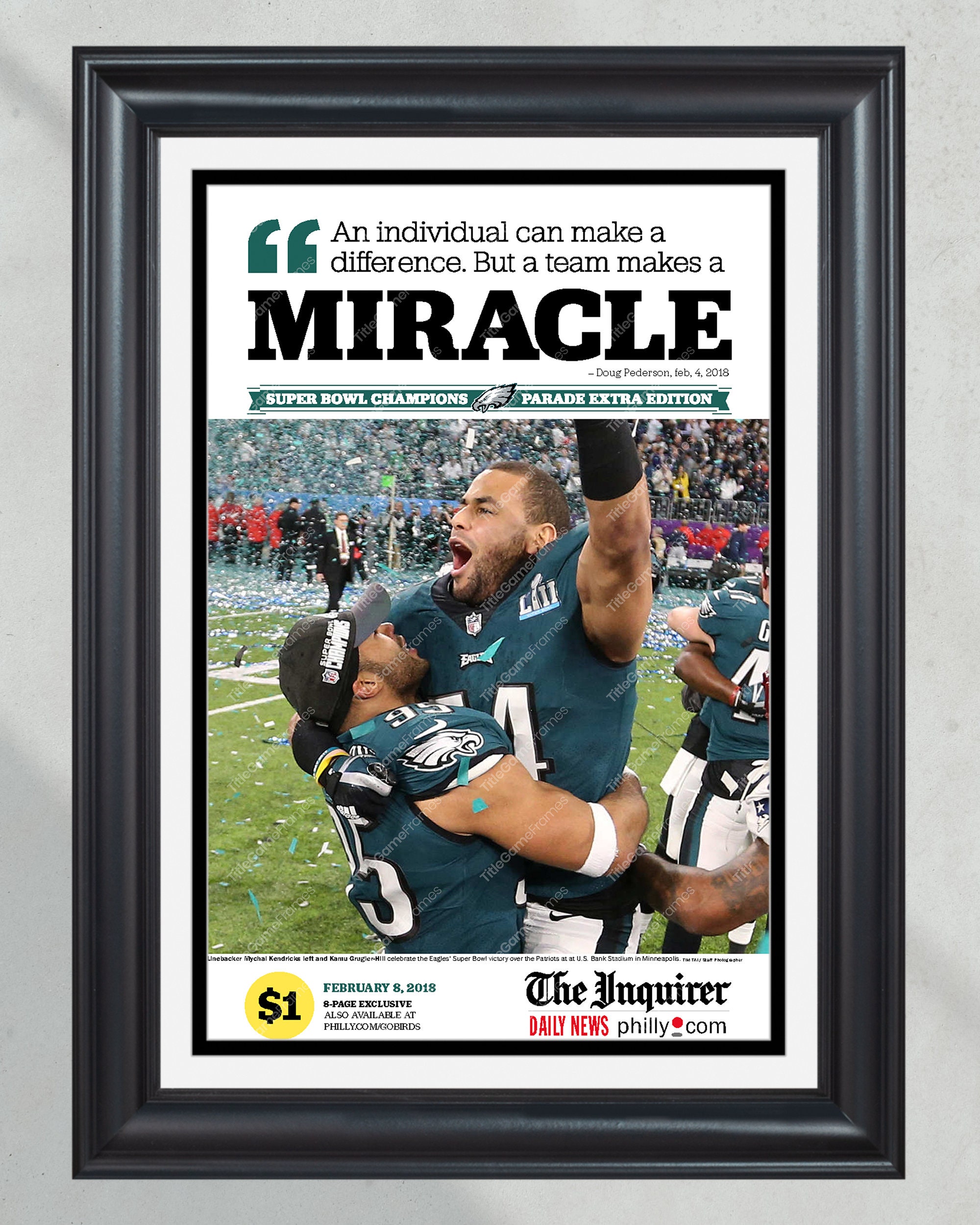 2018 Philadelphia Eagles Super Bowl LII Champions "Miracle of the Underdogs" Framed Newspaper PT60243