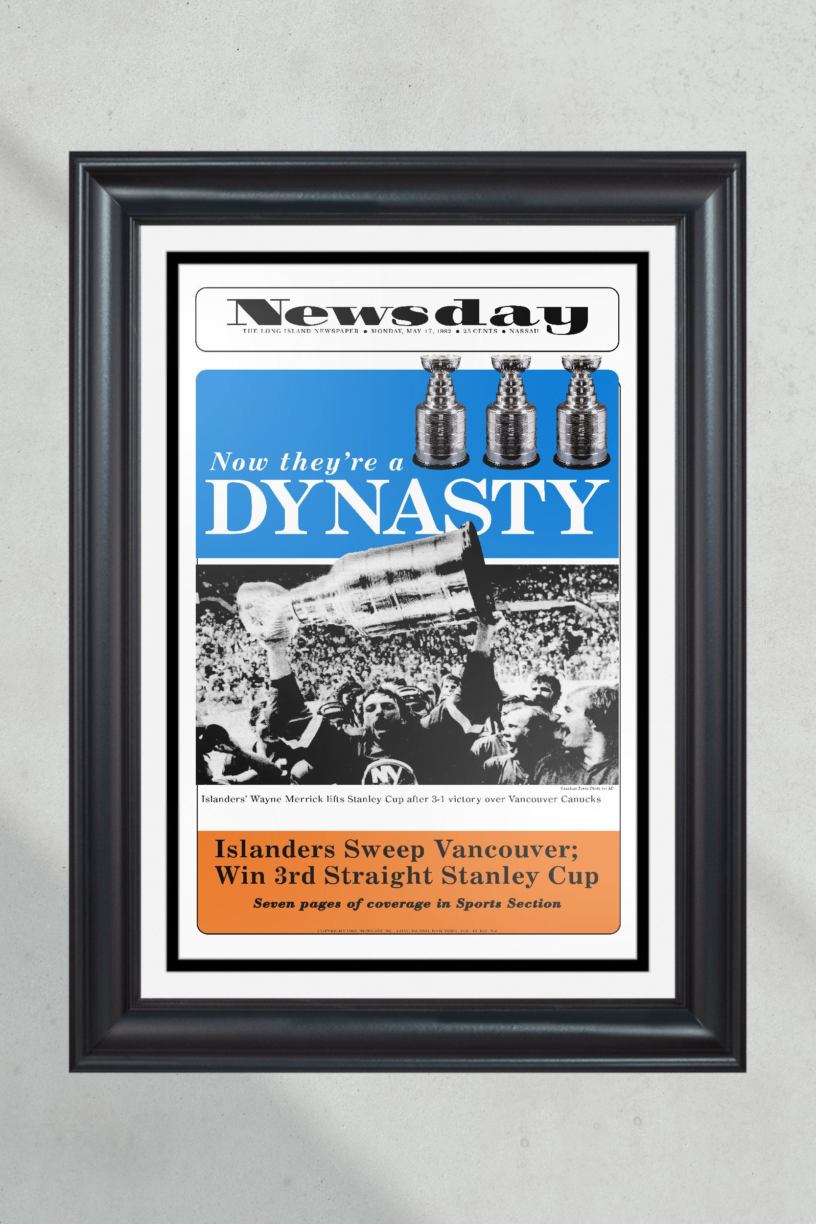 1982 New York Islanders "DYNASTY" Stanley Cup Champions Framed Front Page Newspaper Print PT60844