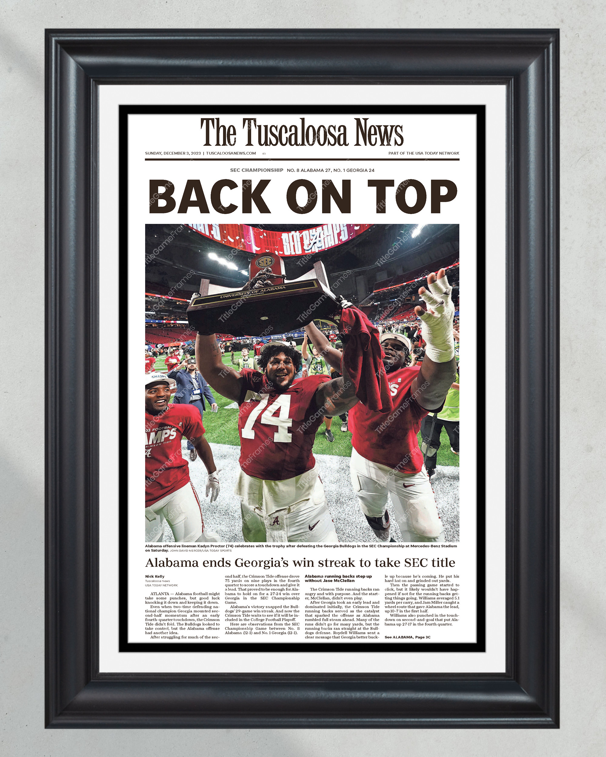 2023 Alabama Crimson Tide SEC Champions - 'Back on Top' Framed Newspaper PT60642