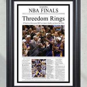 2002 LA Lakers NBA Champion Framed Front Page Newspaper Print - &#39;Threedom Rings&#39;