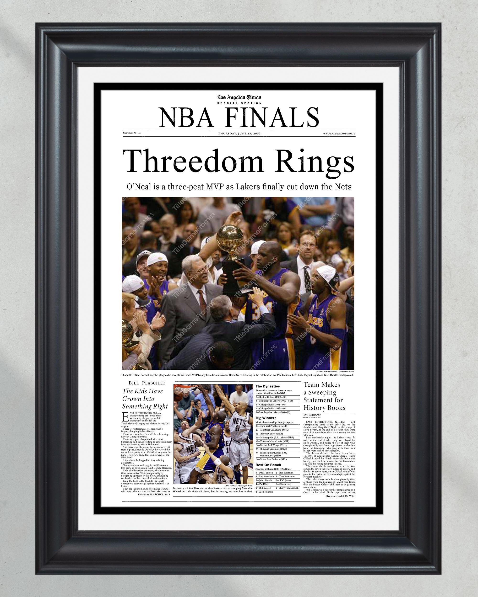 2002 LA Lakers NBA Champion Framed Front Page Newspaper Print - 'Threedom Rings' PT60335