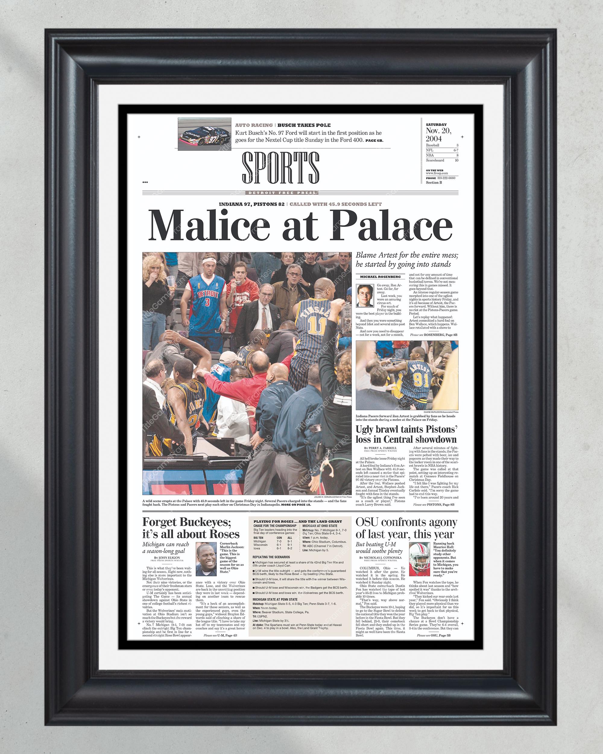 2004 Malice at the Palace Framed Newspaper: Pacers vs. Pistons Brawl PT60229