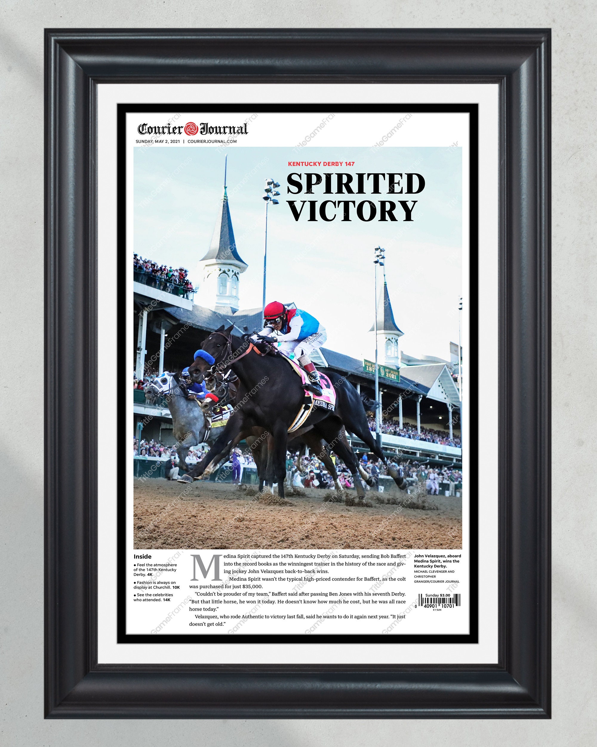 2021 Kentucky Derby Triumph: Medina Spirits 'Spirited Victory' - Framed Newspaper PT60906