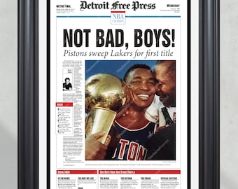 Impresión de portada de periódico enmarcada del campeón de la NBA Detroit Pistons de 1989 Bad Boys The Palace
