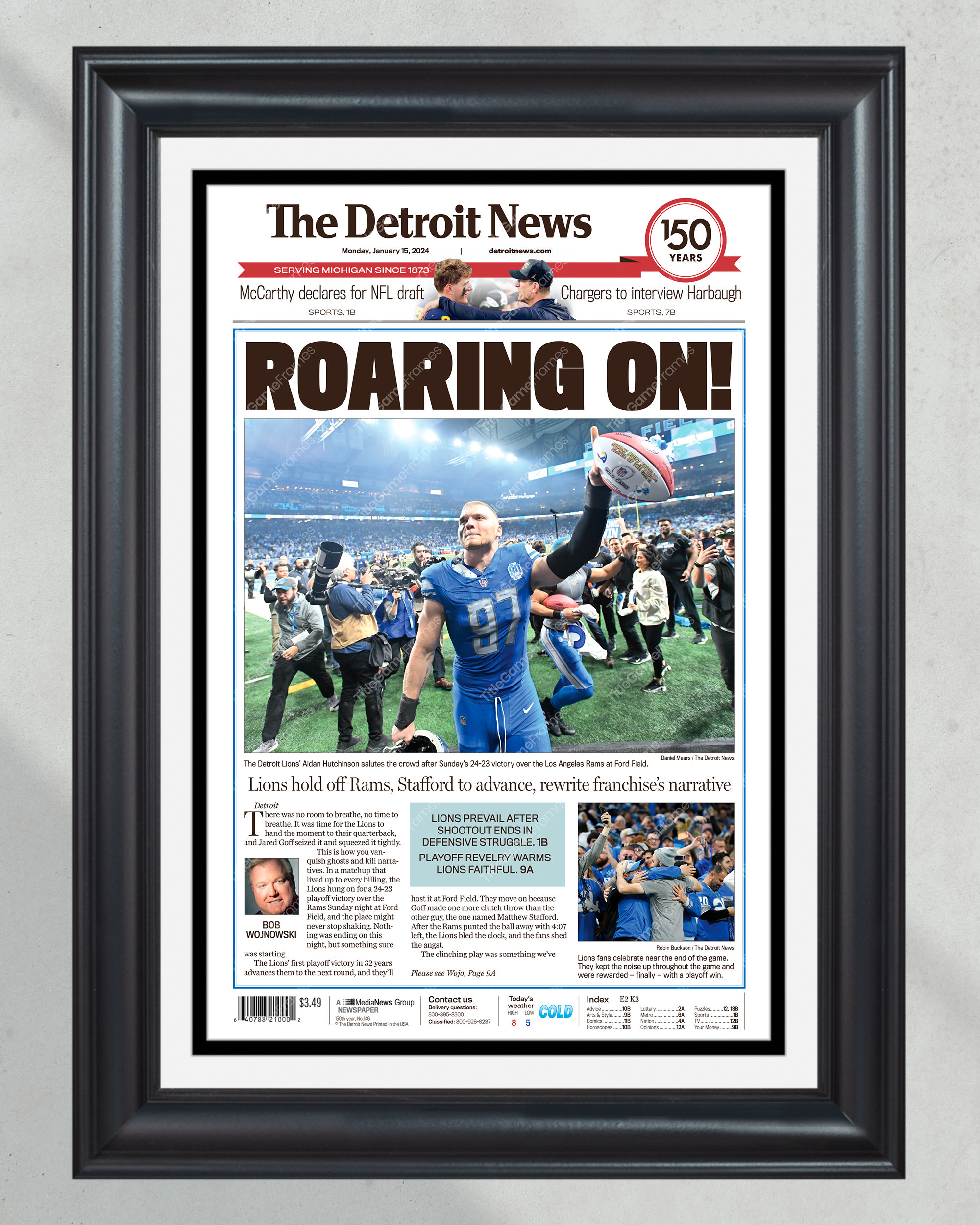 2024 Detroit's Historic Victory: Roaring On! - Celebrating Lions' Playoff Win Over Rams - Framed Print PT60355