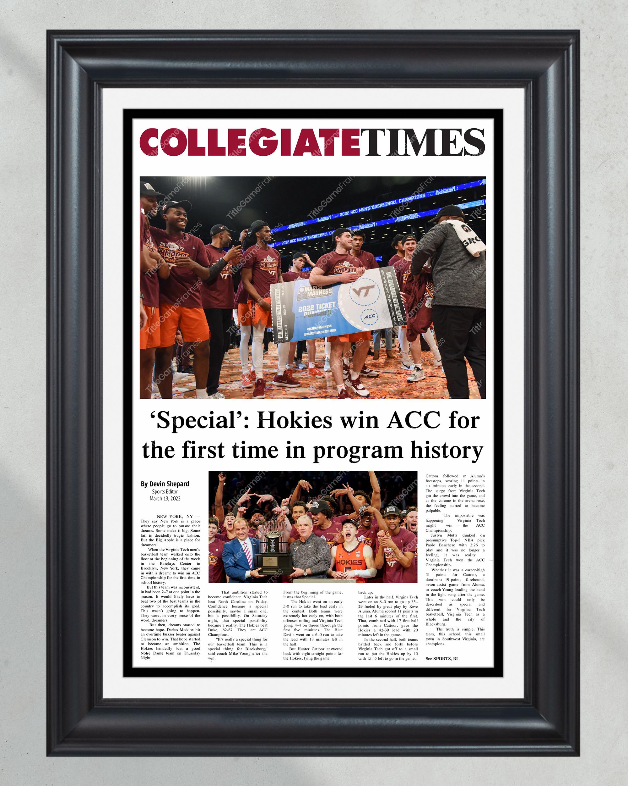 2022 Virginia Tech Hokies ACC NCAA Basketball Champions Framed Front Page Newspaper Print PT60843