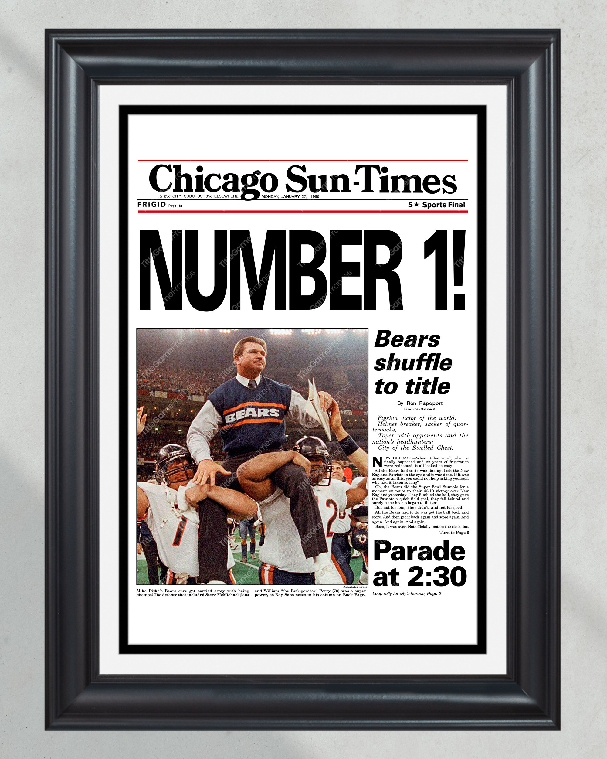 1986 Chicago Bears Super Bowl champions framed newspaper front cover print Mike Ditka Buddy Ryan Soldier Field PT60655