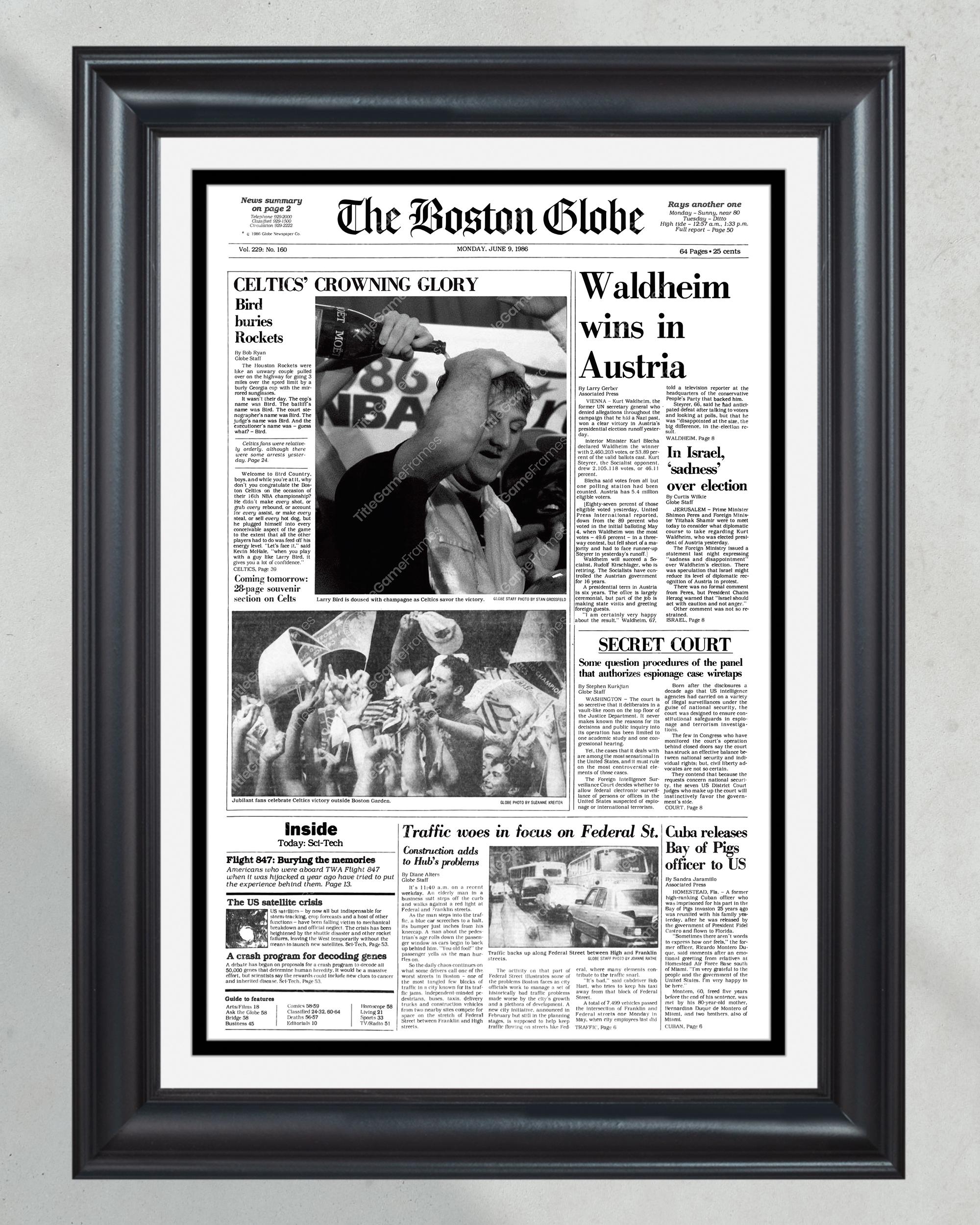 1986 Boston Celtics NBA Champions 'Crowning Glory' Framed Front Page Newspaper PT60665