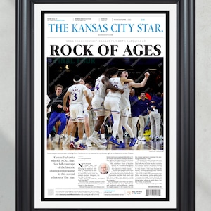 2022 Kansas Jayhawks “Rock of Ages” NCAA College Basketball Champions Framed Front Page Newspaper Print