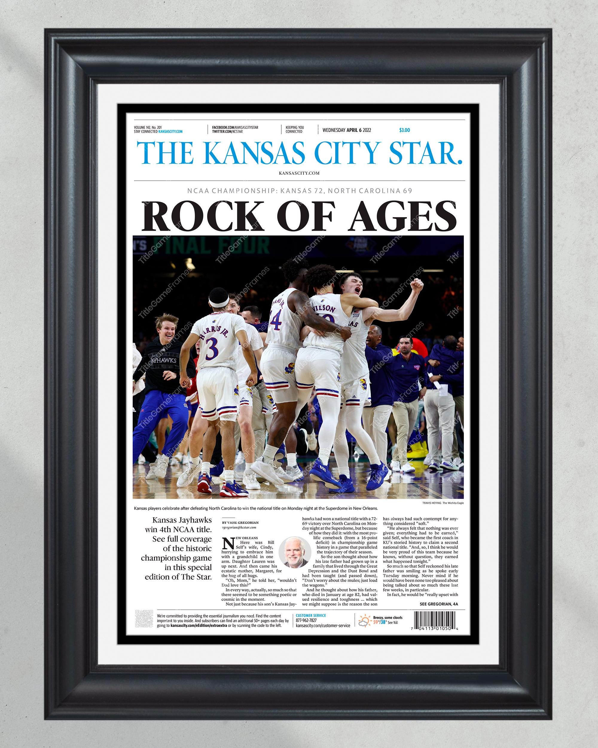 2022 Kansas Jayhawks "Rock of Ages" NCAA College Basketball Champions Framed Front Page Newspaper Print PT60997