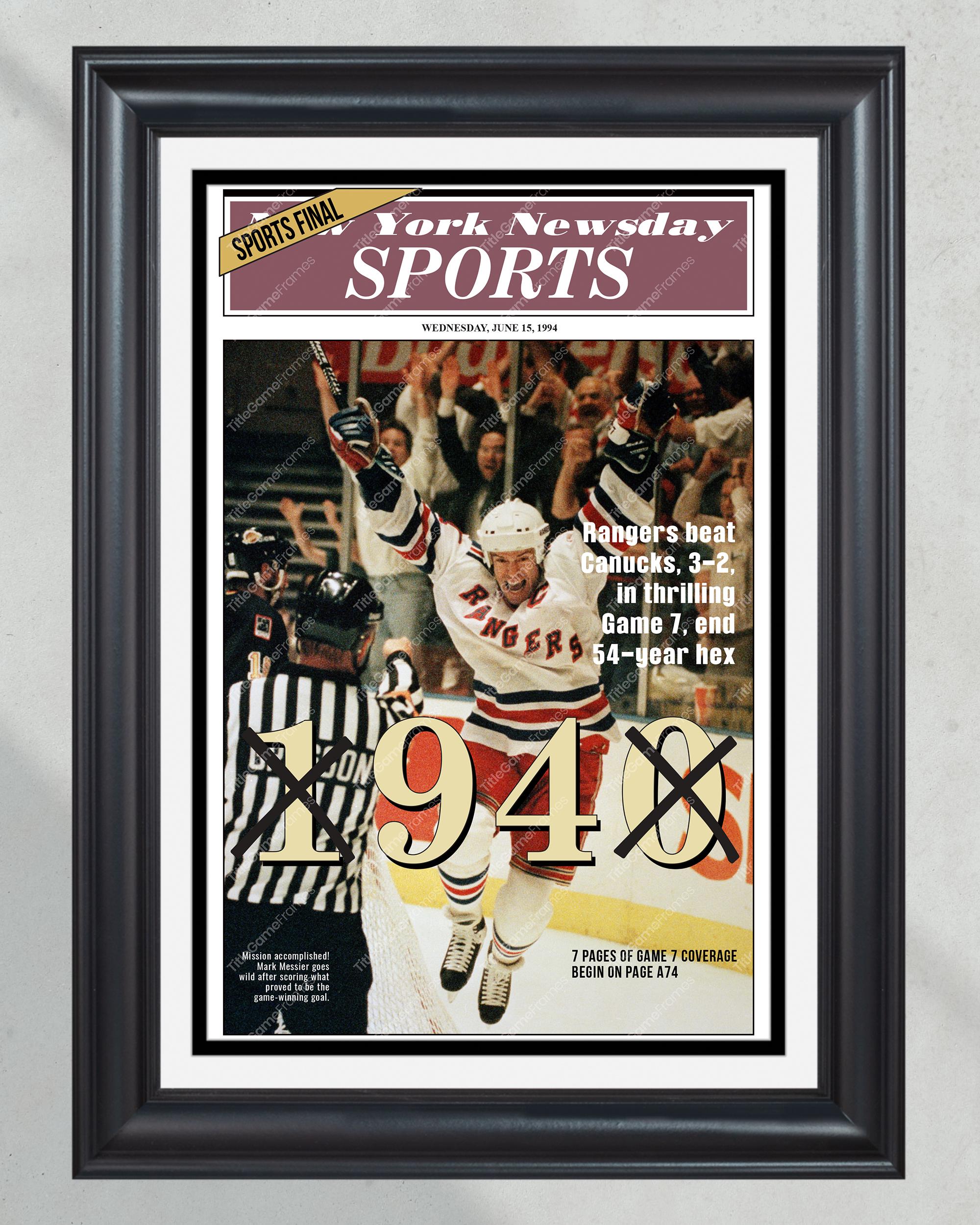 1994 New York Rangers NHL Stanley Cup Champions Framed Newspaper Cover Print Madison Square Garden PT60272