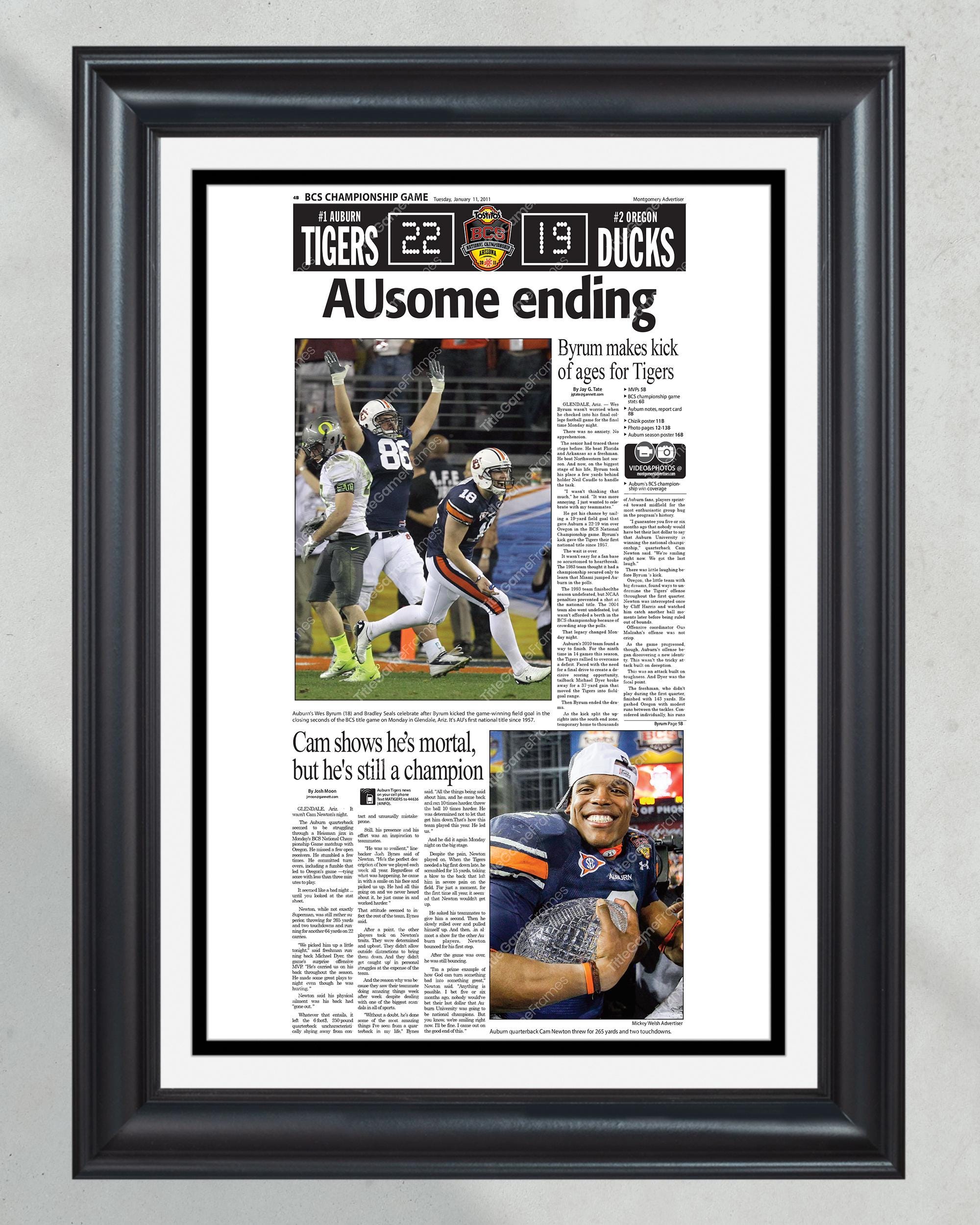 2010 Auburn Tigers College Football National Champions Framed Front Page Newspaper - 'Awesome Ending' PT60319