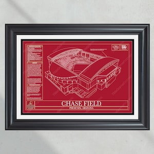 May include: A blueprint style illustration of Chase Field, home of the Arizona Diamondbacks, in Phoenix, Arizona. The illustration is in white on a red background. The text "CHASE FIELD" and "PHOENIX, ARIZONA" is included in the illustration.