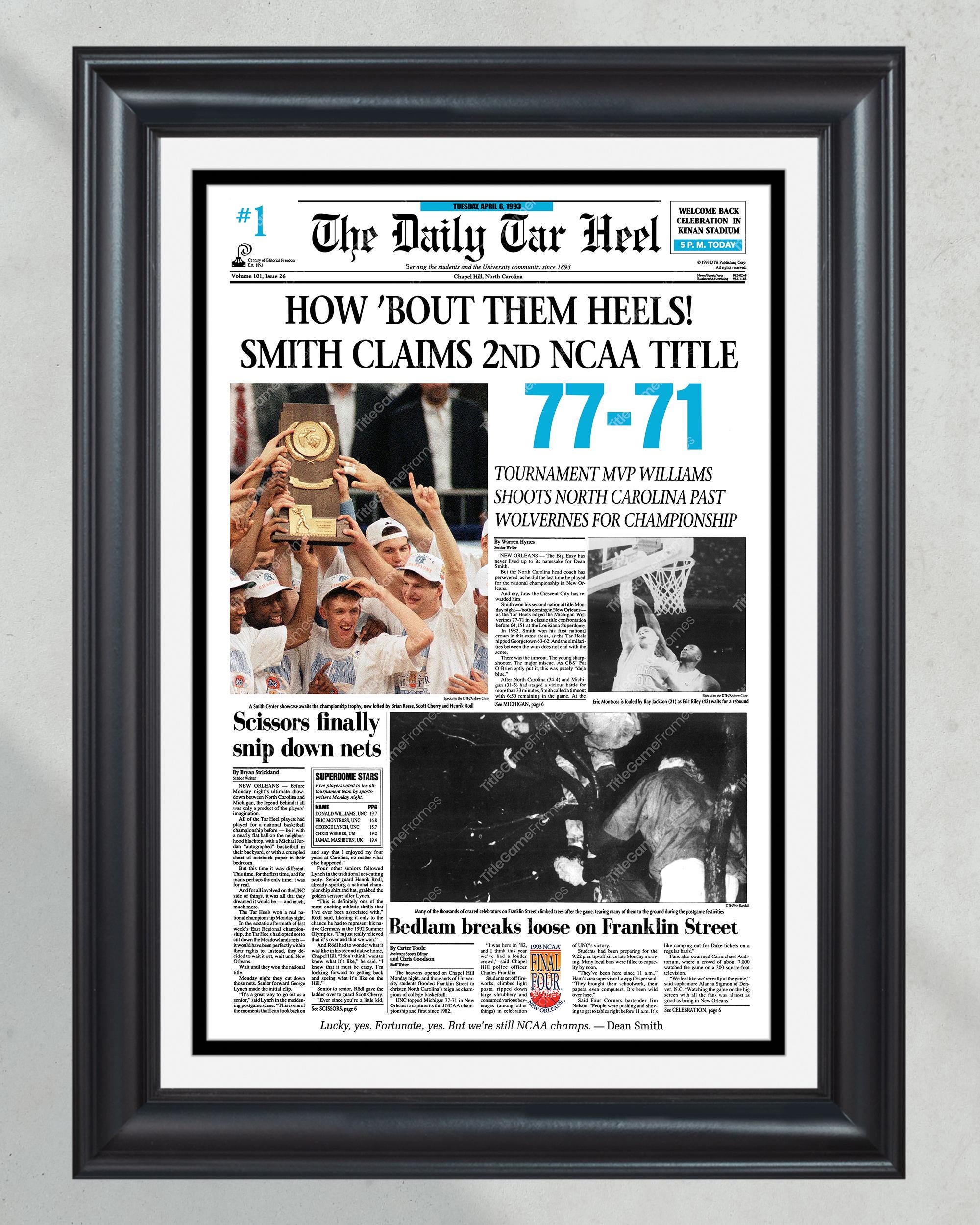 1993 North Carolina Tar Heels NCAA College Basketball Champions Framed Front Page Newspaper Print PT60855