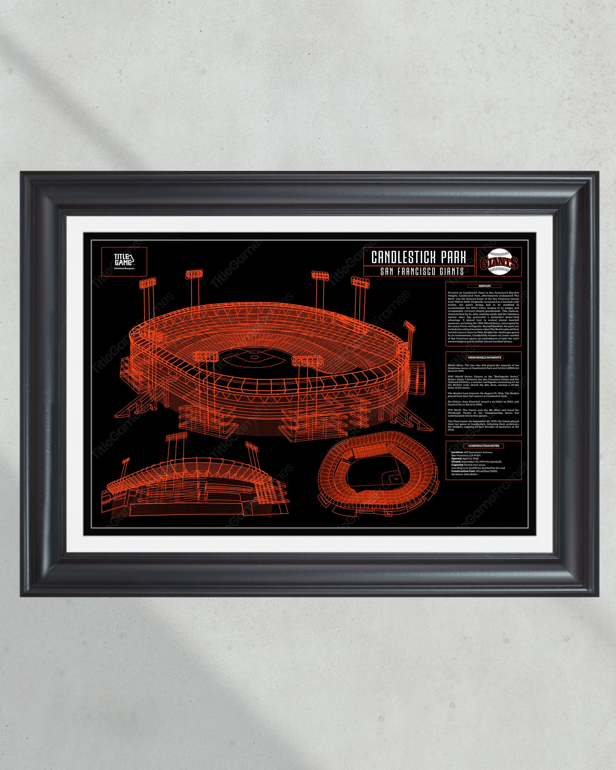 San Francisco Giants Candlestick Park Stadium Historical Baseball Blueprint Wall Art PT60358