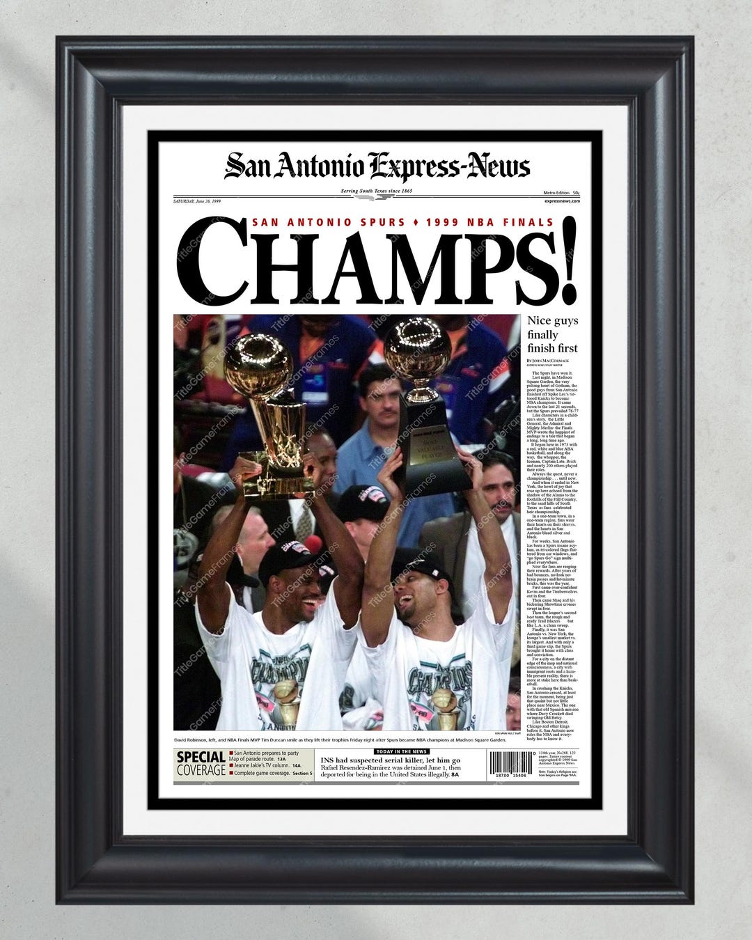 Impresión de portada de periódico enmarcada de los San Antonio Spurs de 1999, David Robinson y Tim Duncan México