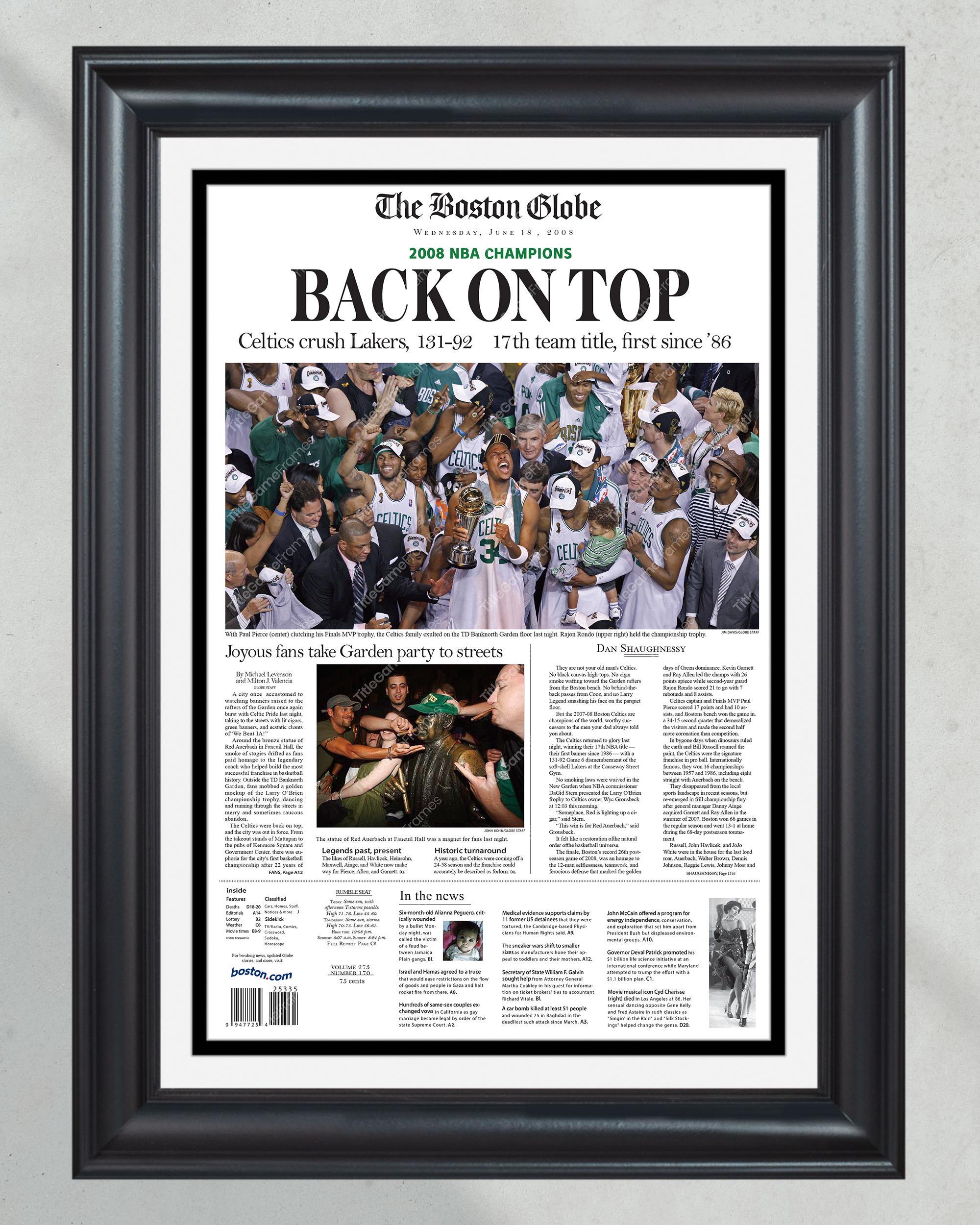 2008 Boston Celtics NBA Champions 'Back on top' Framed Front Page Newspaper Print PT60448