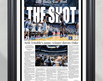 2026 North Carolina Tar Heels vs Duke, “THE SHOT” – Seth Trimble Game Winner, 71-68 Framed Newspaper