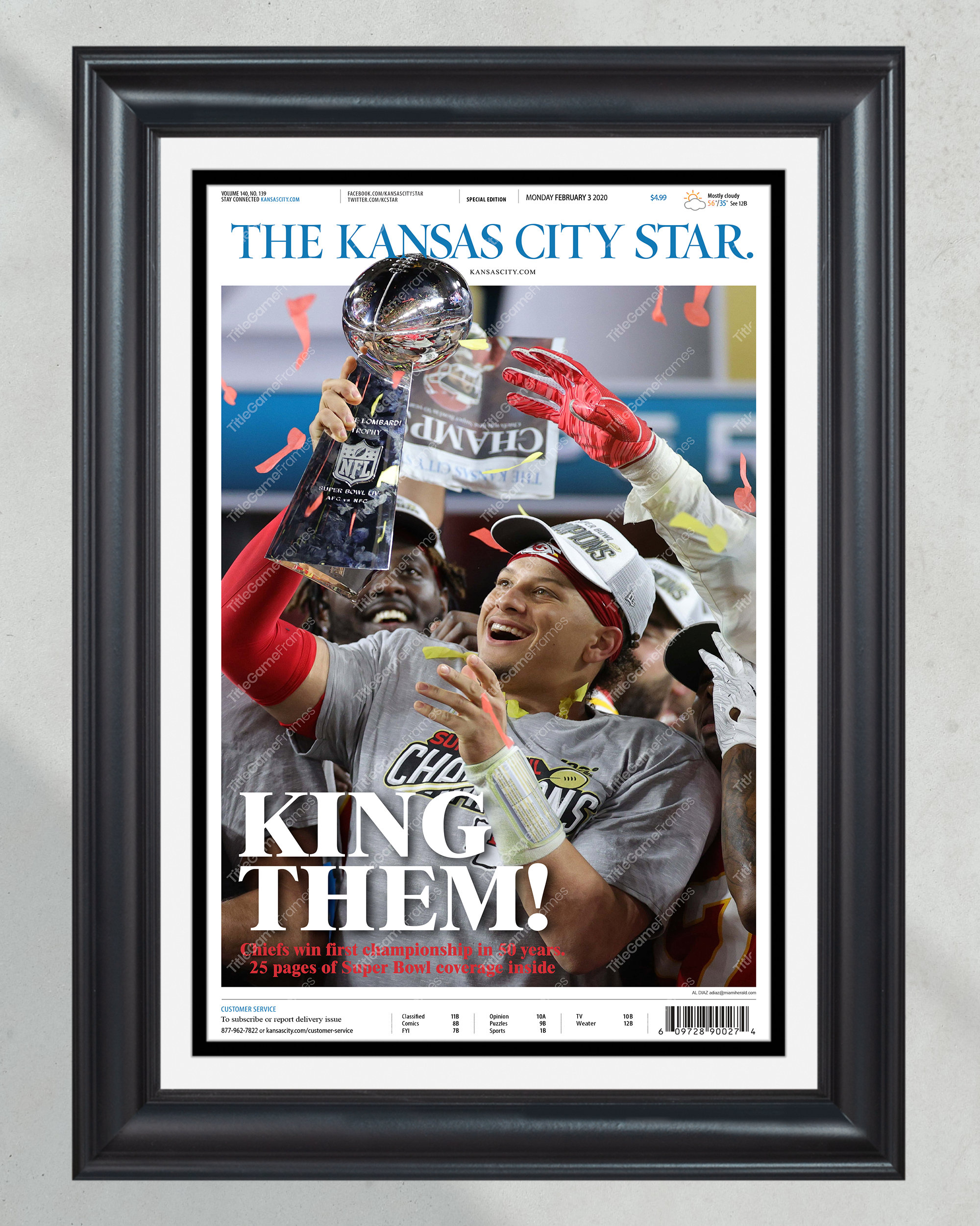 2020 Kansas City Chiefs Super Bowl LIV Framed Newspaper Print Cover Arrowhead Stadium PT60704