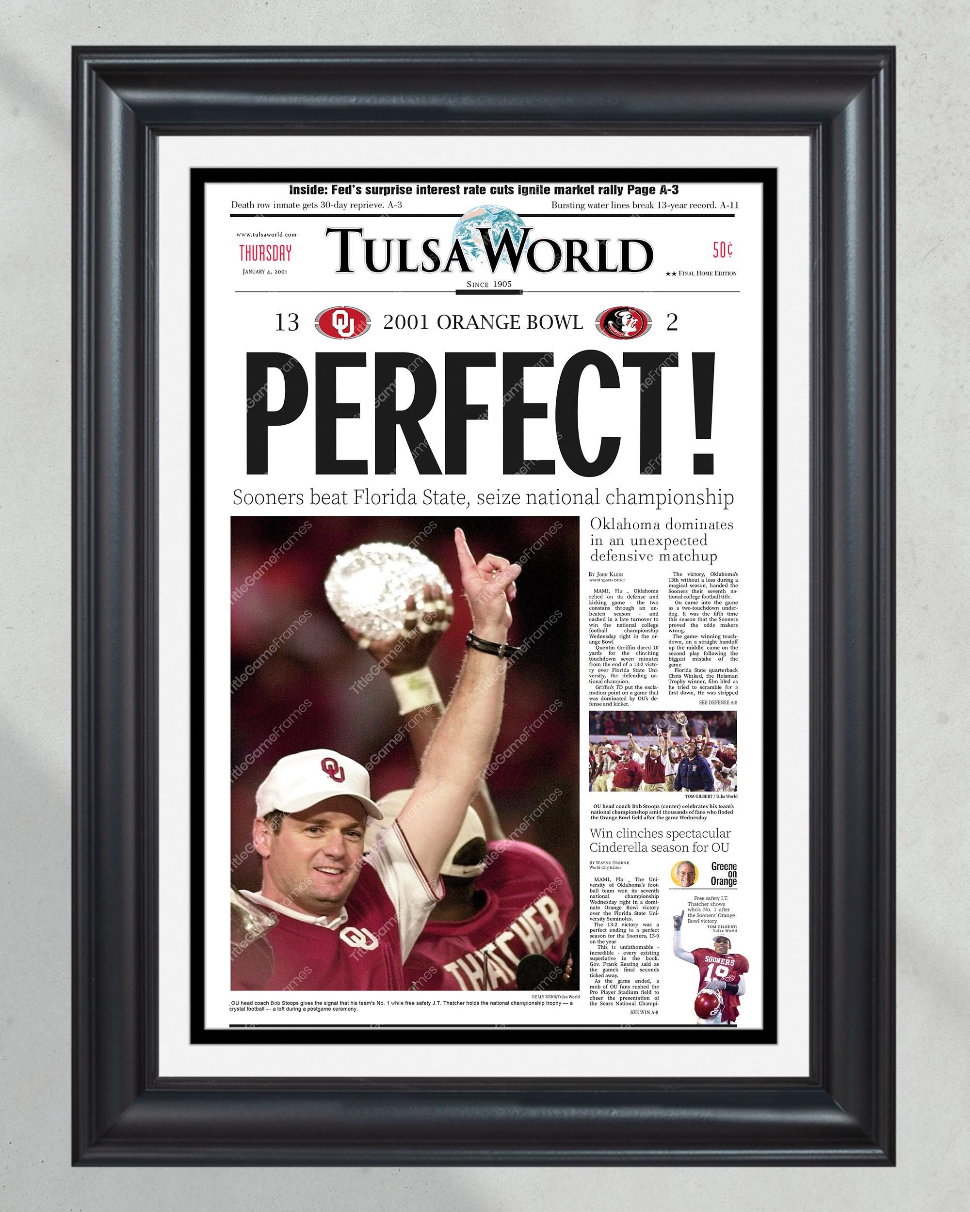2000 Oklahoma Sooners 'Perfect Season' NCAA College Football National Champions Framed Newspaper PT60939