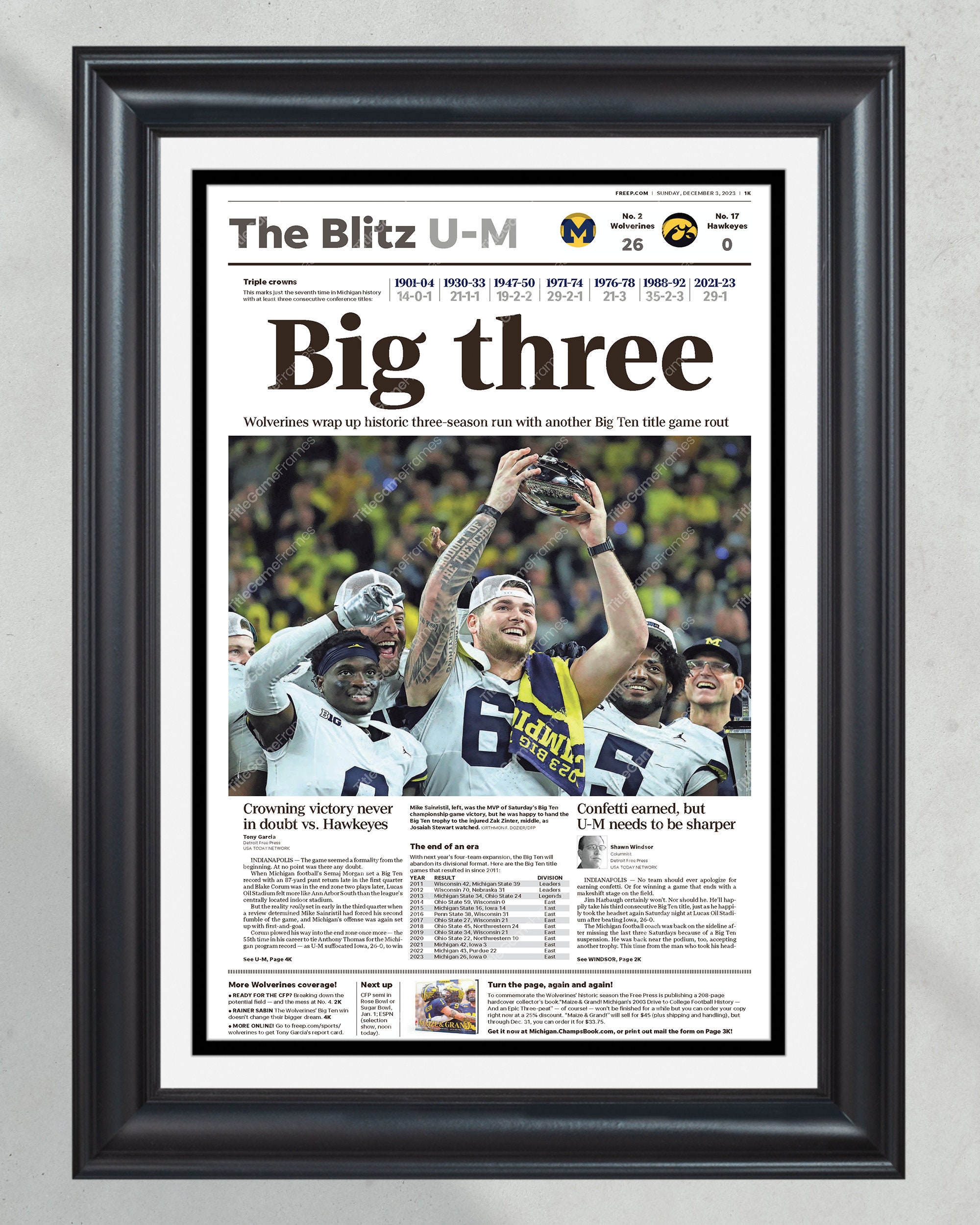 2023 Michigan Wolverines Big Ten Championship "Big three" def. Iowa Front Page Newspaper Print PT60545